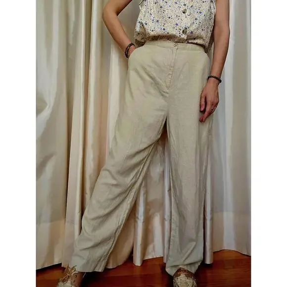 Vintage Linen Blend High Waist Pants: Women's Beige Trousers XL - Picture 3 of 9
